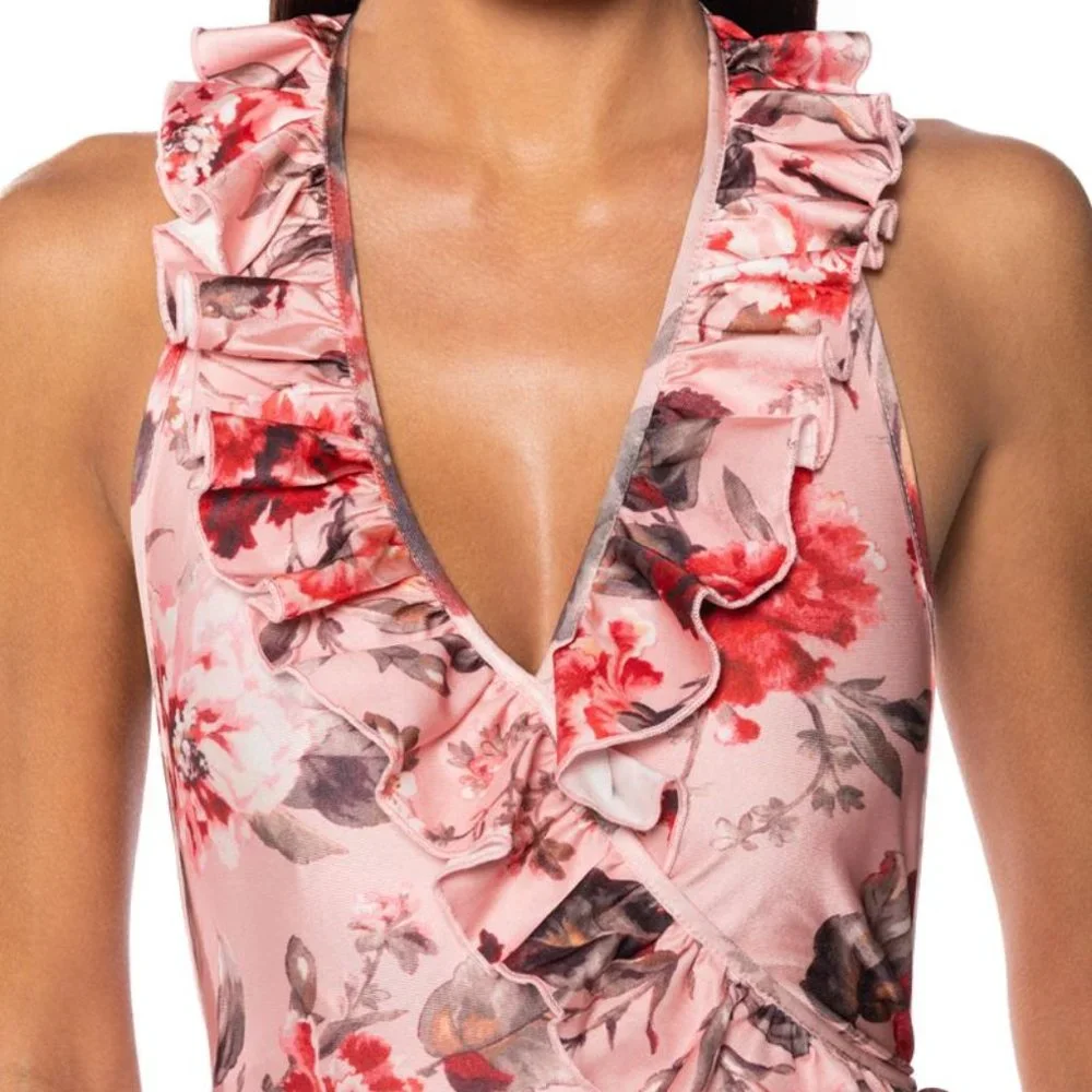 Blush Pink floral halter neck plunging ruffle bodysuit